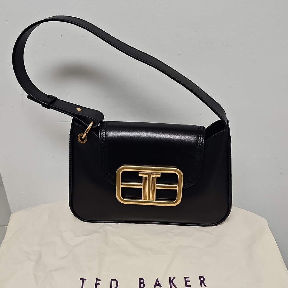 Ted Baker Black Leather Shoulder Bag with Gold-Tone Buckle Detail